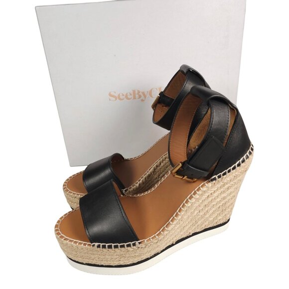 SEE BY CHLOE Glyn Platform Espadrille Wedge Sandals Black Leather EU 40 US 10 - Picture 1 of 13